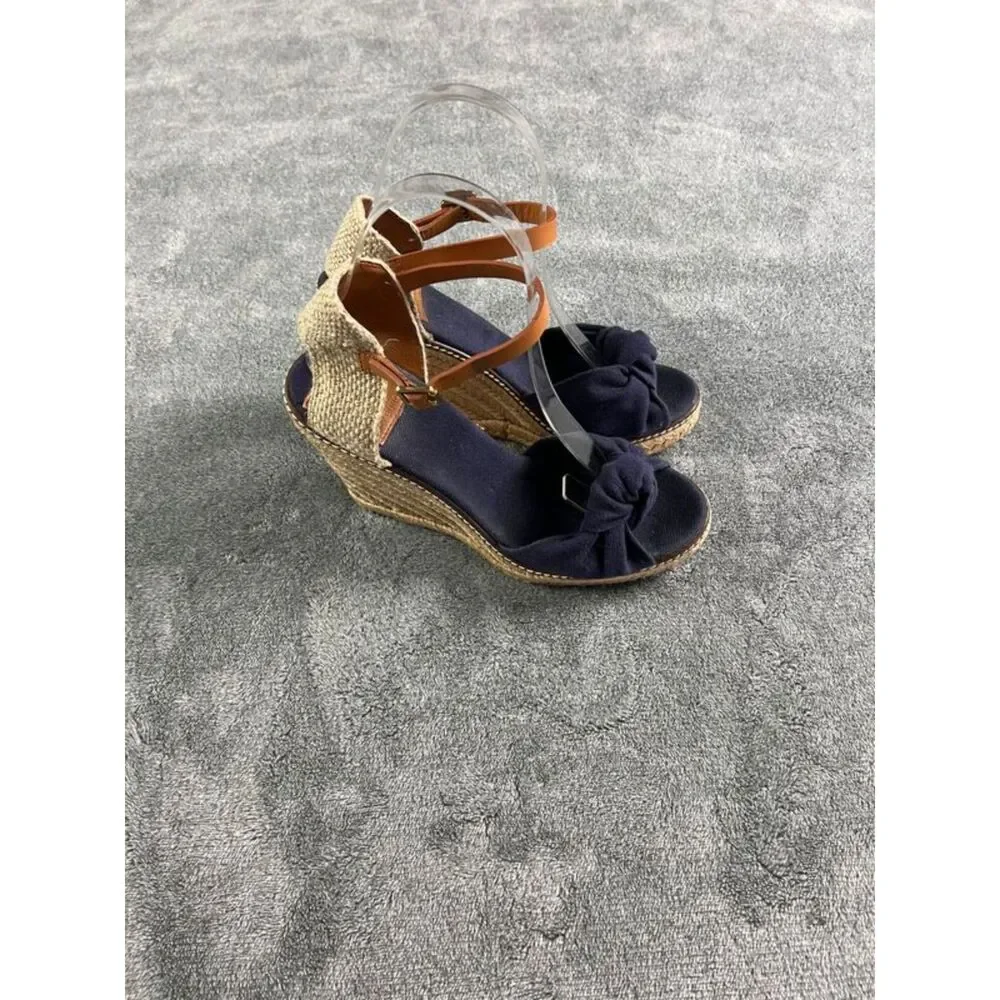 Tory Burch Macy Linen Espadrille Wedge Sandals Sz 7B Blue Twist Knot Ankle Strap